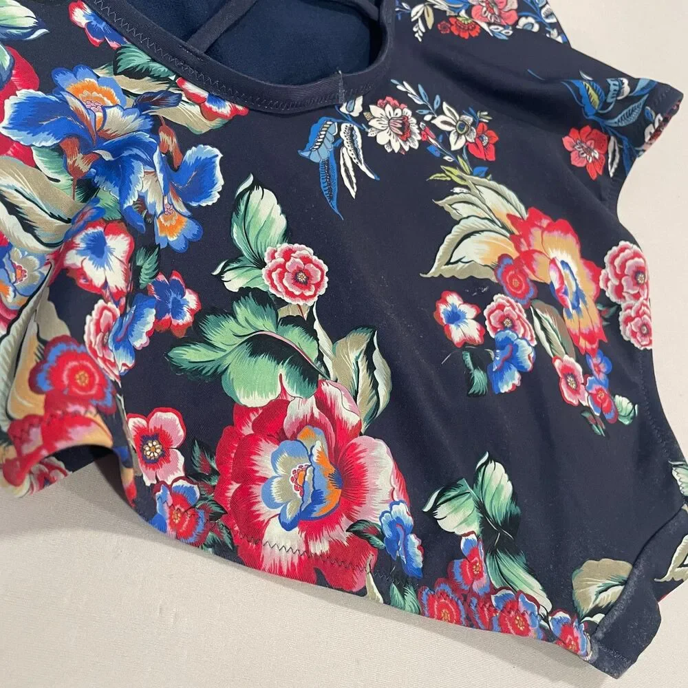 ~ Johnny Was Lg Swimsuit 1-Piece Navy Floral Tank Lace-Back Strappy Large 10/12 - Picture 16 of 16